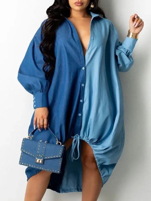 Drawstring Patchwork Shirt Dress: Plus Size Fashion Streetwear