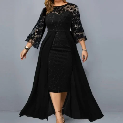 Lace Splicing Evening Dress: Plus Size, Elegant Crew Neck Luxury - Image 2