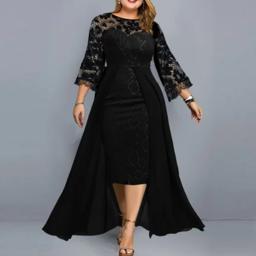 Lace Splicing Evening Dress: Plus Size, Elegant Crew Neck Luxury - Image 3