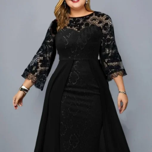 Lace Splicing Evening Dress: Plus Size, Elegant Crew Neck Luxury - Image 4