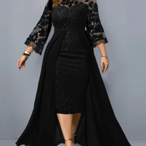 Lace Splicing Evening Dress: Plus Size, Elegant Crew Neck Luxury - Image 5