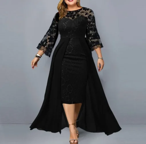 Lace Splicing Evening Dress: Plus Size, Elegant Crew Neck Luxury