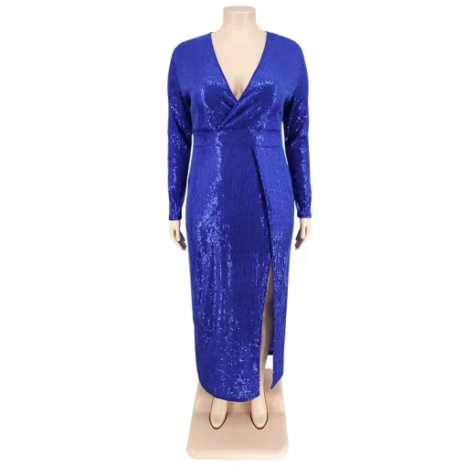 Sexy V-Neck Plus Size Evening Dress: High Slit, Sequined Elegance