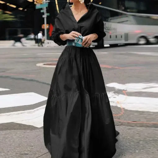 Elegant Maxi Dress: Lapel, Long Sleeve, Pleated, Solid Color - Image 6