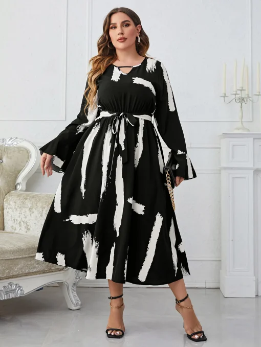 Printed Elegant Plus Size Midi Dress: Sexy Lace-Up, Night Party - Image 4