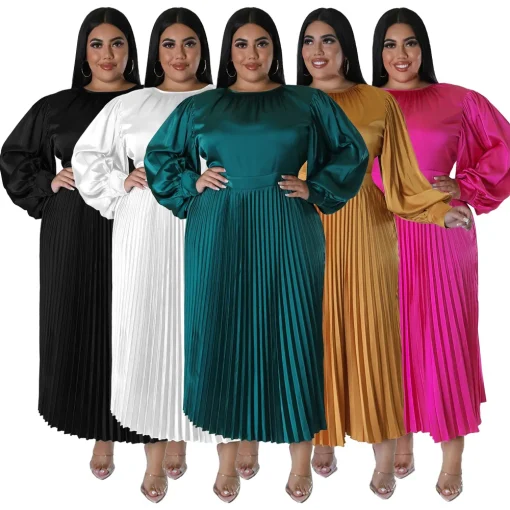 Autumn Satin Plus Size Party Dress: Elegant Crew Neck Style - Image 6