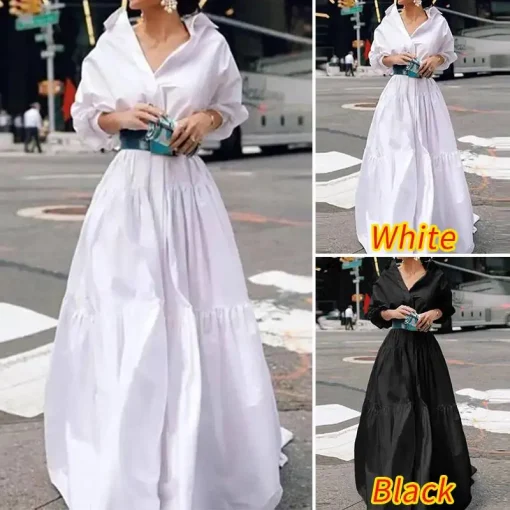 Elegant Maxi Dress: Lapel, Long Sleeve, Pleated, Solid Color