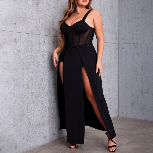 Elegant Plus Size Dress: Backless Design, Square Neck, High Slit - Image 2