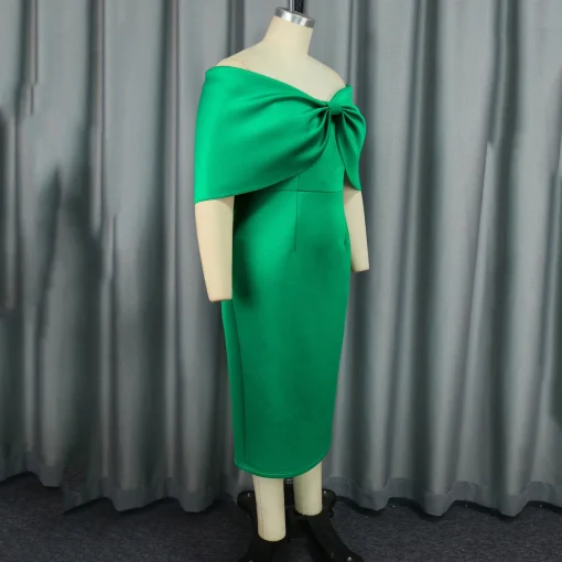 Green Sexy Bodycon Dress: Off-Shoulder, Big Bow, Elegant Ankle-Length - Image 3