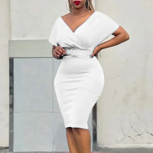 Sexy V-Neck Bodycon Dress: Short Sleeve, Belt Waisted, Formal Midi - Image 2