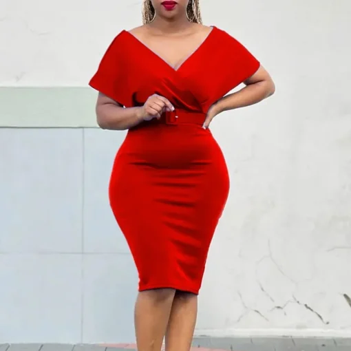 Sexy V-Neck Bodycon Dress: Short Sleeve, Belt Waisted, Formal Midi - Image 3