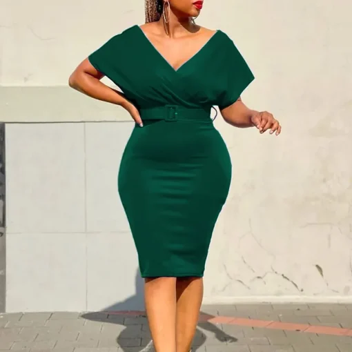 Sexy V-Neck Bodycon Dress: Short Sleeve, Belt Waisted, Formal Midi - Image 4