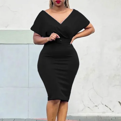 Sexy V-Neck Bodycon Dress: Short Sleeve, Belt Waisted, Formal Midi - Image 5