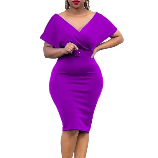 Sexy V-Neck Bodycon Dress: Short Sleeve, Belt Waisted, Formal Midi - Image 6