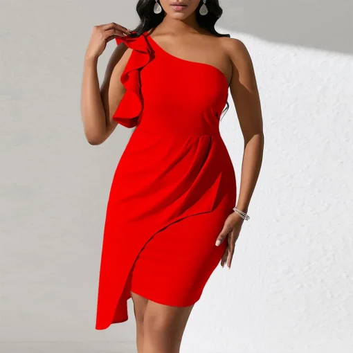 One Shoulder Ruffles Dress: Sexy Sheath for Evening Party