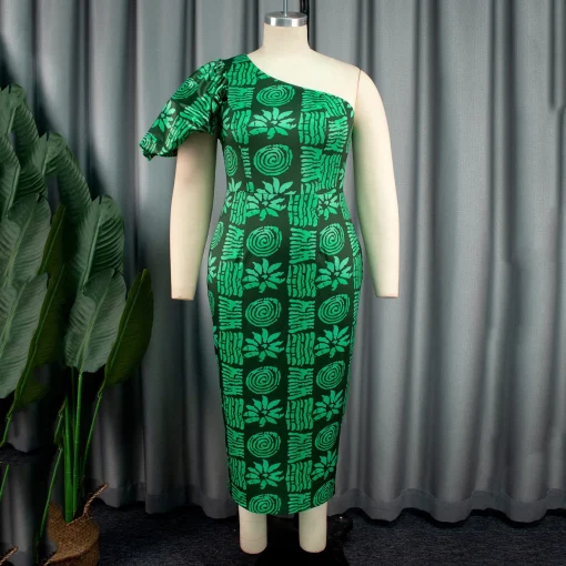 One-Shoulder Green Print Dress - Sexy Sheath for Elegant Events - Image 2