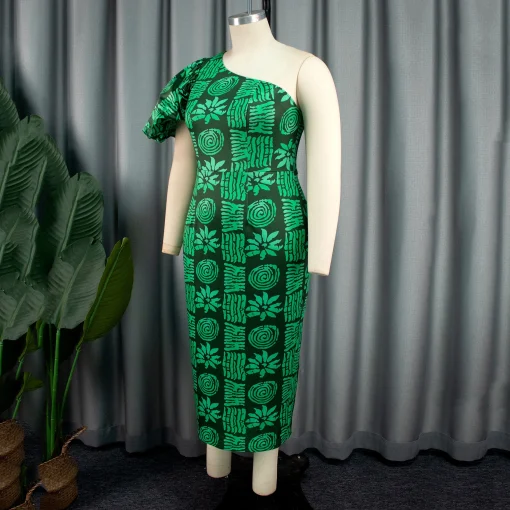 One-Shoulder Green Print Dress - Sexy Sheath for Elegant Events - Image 3