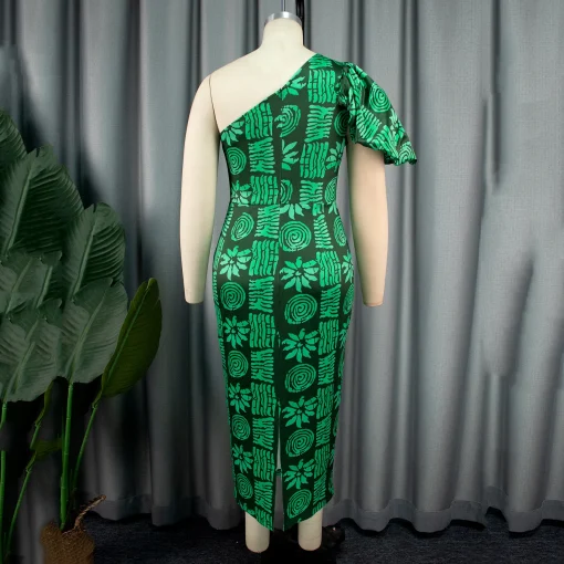 One-Shoulder Green Print Dress - Sexy Sheath for Elegant Events - Image 4