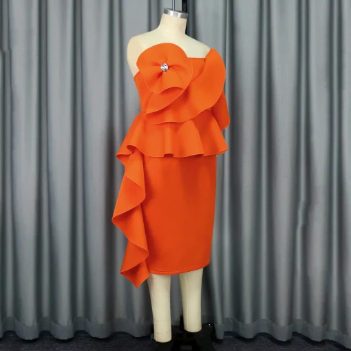 Strapless Orange Dress: Backless, Ruffles, Elegant Evening Partywear - Image 3