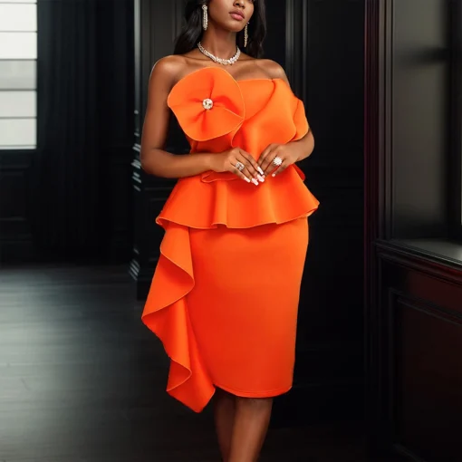 Strapless Orange Dress: Backless, Ruffles, Elegant Evening Partywear