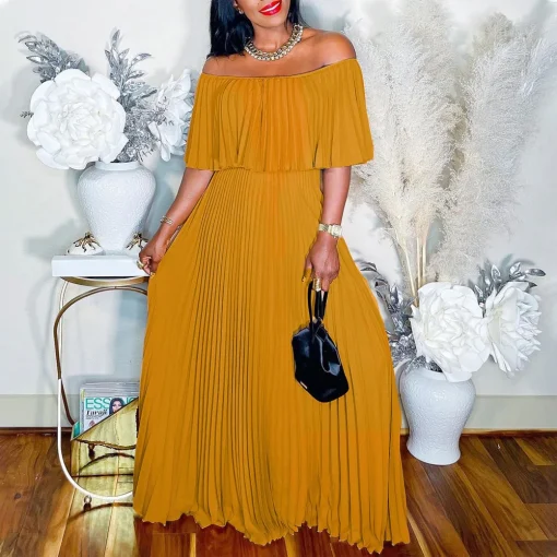 Pleated Off-Shoulder Long Dress - Elegant Floor-Length Vestidos