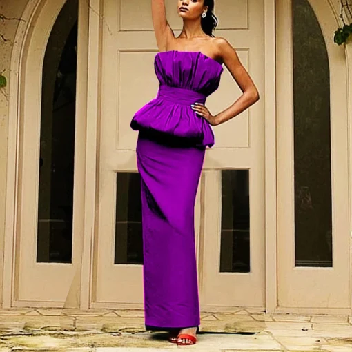 Purple Strapless Dress: Elegant, Backless, High Waist, Ankle-Length