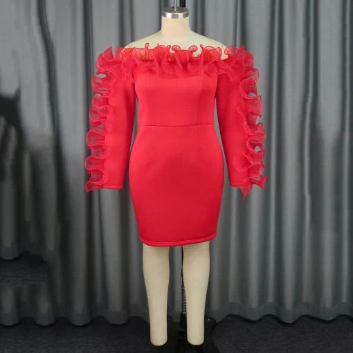 Red Sexy Bodycon Dress: Off-Shoulder, Ruffles, Sheath, Elegant Knee-Length - Image 2