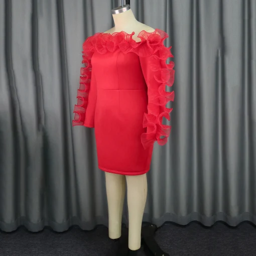 Red Sexy Bodycon Dress: Off-Shoulder, Ruffles, Sheath, Elegant Knee-Length - Image 3