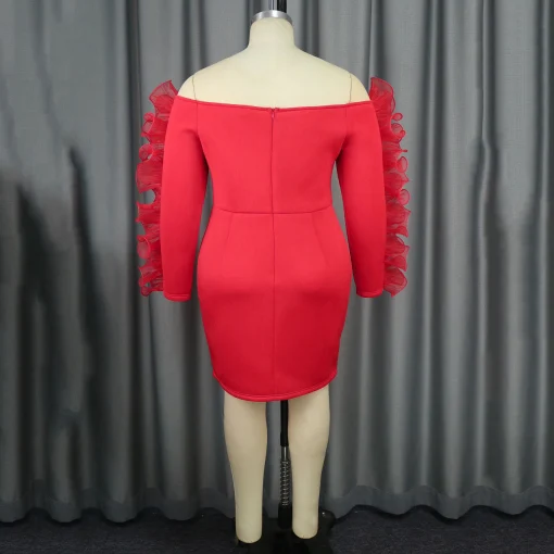 Red Sexy Bodycon Dress: Off-Shoulder, Ruffles, Sheath, Elegant Knee-Length - Image 4