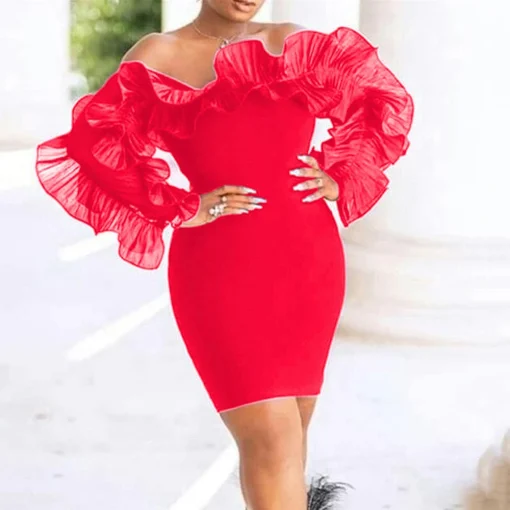 Red Sexy Bodycon Dress: Off-Shoulder, Ruffles, Sheath, Elegant Knee-Length