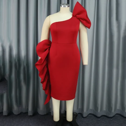 Red Sexy Dress: One Shoulder, Ruffles, Sheath, Luxury Partywear - Image 2