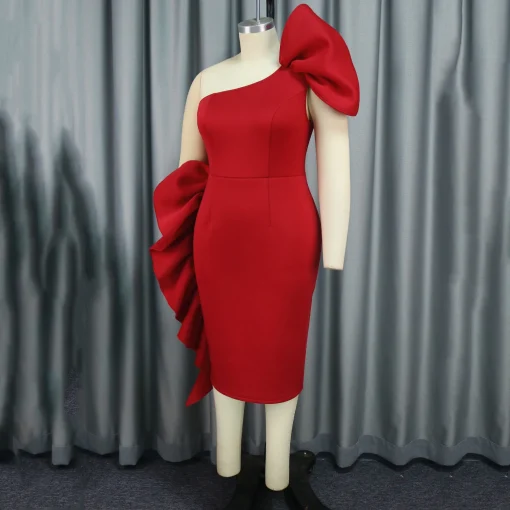 Red Sexy Dress: One Shoulder, Ruffles, Sheath, Luxury Partywear - Image 3