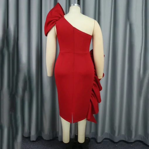 Red Sexy Dress: One Shoulder, Ruffles, Sheath, Luxury Partywear - Image 4