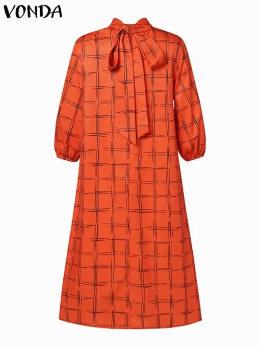 Bohemian Plaid Midi Dress - Autumn Women's Fashion - Image 3