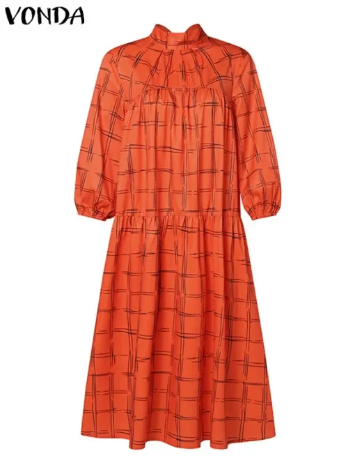 Bohemian Plaid Midi Dress - Autumn Women's Fashion - Image 2