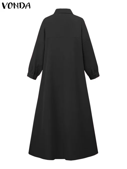 Elegant Maxi Dress: Lapel, Long Sleeve, Pleated, Solid Color - Image 2