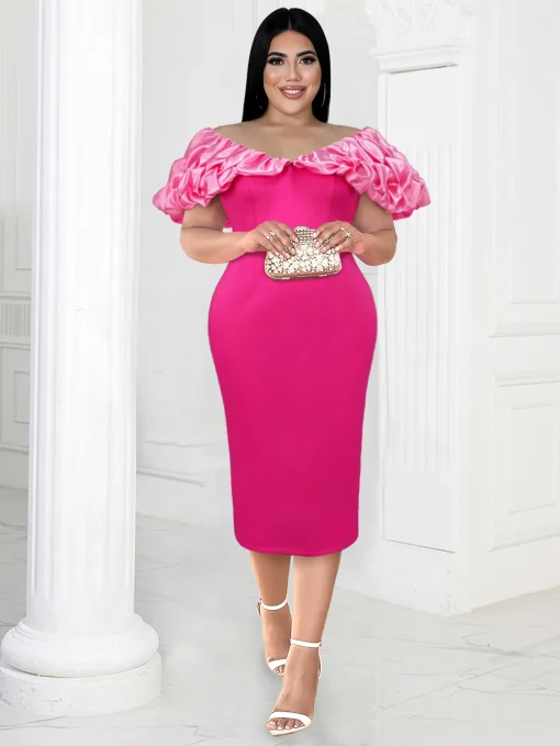 Pink Formal Party Dress: Off-Shoulder, Backless, Cape Sleeve, Plus Size