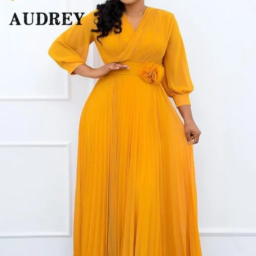 Lantern Sleeve Plus Size Long Dress: Elegant V-Neck Evening Wear - Image 2