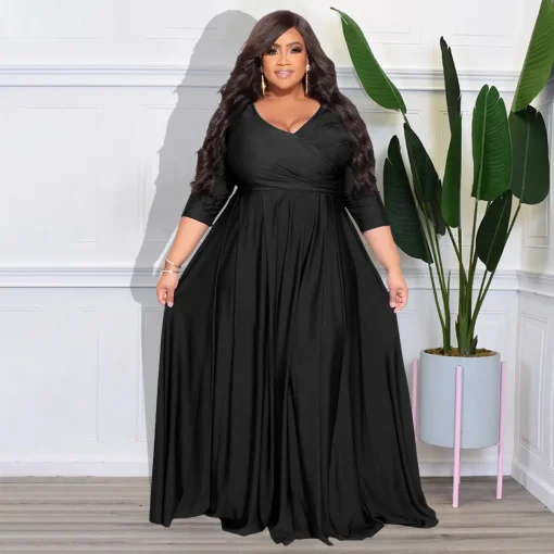 Chic V-Neck Maxi Dress: Plus Size Women's Fall Party Attire - Image 2