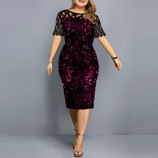 Sequined Midi Dress: Plus Size, Crew Neck, High Waist - Image 2