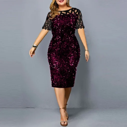 Sequined Midi Dress: Plus Size, Crew Neck, High Waist - Image 3