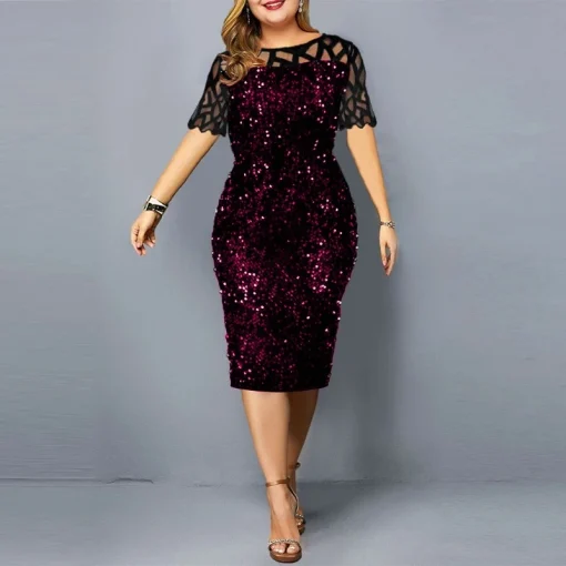 Sequined Midi Dress: Plus Size, Crew Neck, High Waist - Image 4