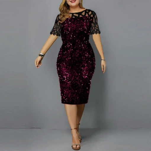 Sequined Midi Dress: Plus Size, Crew Neck, High Waist - Image 5