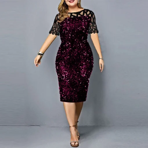 Sequined Midi Dress: Plus Size, Crew Neck, High Waist - Image 6