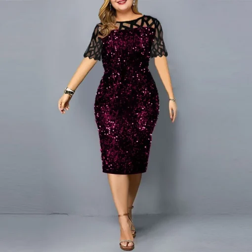 Sequined Midi Dress: Plus Size, Crew Neck, High Waist