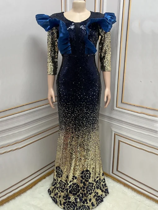 African Luxury Sequin Evening Dress, Elegant Muslim Wedding Gown for Women - Image 3