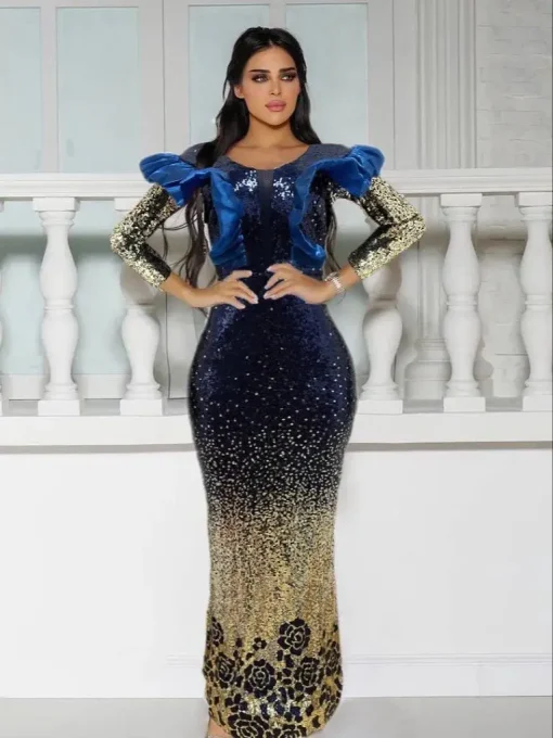 African Luxury Sequin Evening Dress, Elegant Muslim Wedding Gown for Women