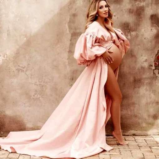 Pink Puffy Sleeve Maternity Dress: Bridal Robe for Photoshoots - Image 2