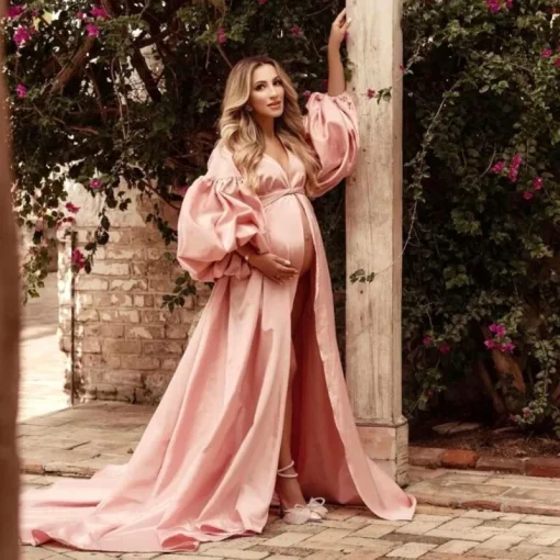 Pink Puffy Sleeve Maternity Dress: Bridal Robe for Photoshoots