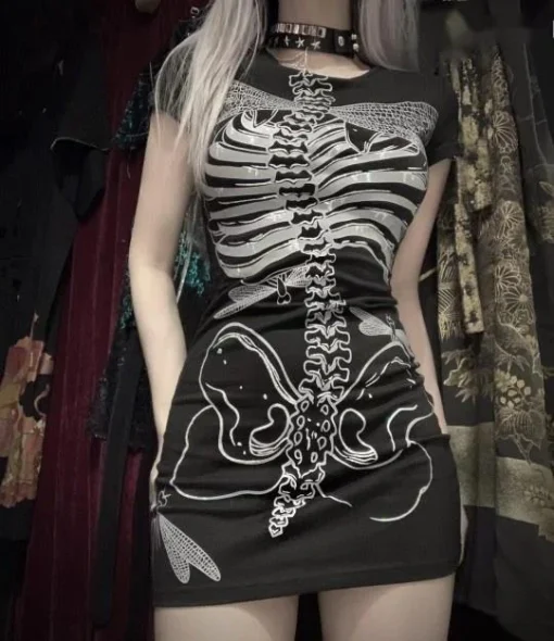 Gothic Style Slim Tank Dress with Skull Printing - Retro Fashion